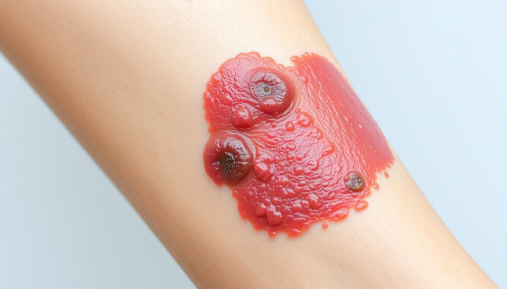 A detailed close-up photograph of a human leg affected by necrobiosis lipoidica diabeticorum, a skin condition characterized by reddish-brown, atrophic plaques with raised borders. The image should focus on the affected area, capturing the irregular, indurated, and shiny appearance of the skin lesions. Lighting should be even and highlight the textural details, while maintaining a neutral, clinical tone. The perspective should be slightly elevated to provide a clear view of the complications, such as ulceration, scarring, or pigmentary changes. The background should be plain and uncluttered, allowing the skin condition to be the sole focus of the image.