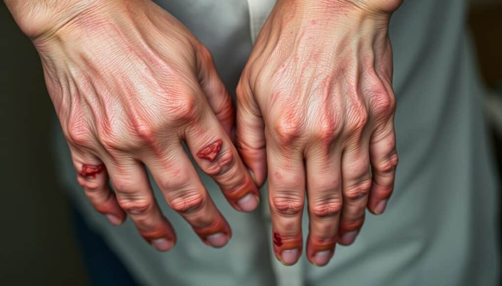 A detailed close-up photograph of a person's hands and forearms, showing the characteristic blisters, erosions, and increased skin fragility associated with porphyria cutanea tarda. The skin is reddened and has a mottled, discolored appearance, with areas of increased pigmentation. The lighting is soft and diffused, casting gentle shadows to accentuate the textural irregularities of the affected skin. The composition focuses on the hands and forearms, filling the frame and capturing the severity of the dermatological symptoms in sharp, clinical detail.