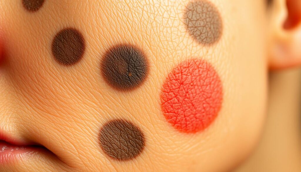 A detailed close-up shot of various types of hyperpigmentation on human skin. The foreground features a variety of pigmentation patterns including sun spots, age spots, melasma, and post-inflammatory hyperpigmentation. The middle ground shows the skin's texture and tone in high definition, capturing the nuanced tones and shades of the discoloration. The background is a soft, neutral backdrop that allows the viewer to focus on the skin's features. Warm, directional lighting accentuates the dimensional quality of the pigmentation, creating a sense of depth and realism. Shot with a macro lens at a shallow depth of field to isolate the subject.