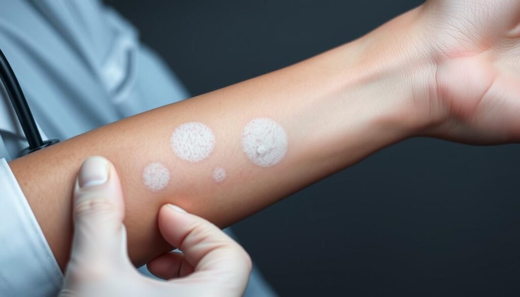 A detailed close-up view of a dermatologist's hand examining the skin of a patient's forearm, showcasing areas of hypopigmentation. The skin is evenly lit from above, revealing subtle variations in tone and texture. The contrast between the healthy and depigmented regions is stark, with the lighter patches standing out against the subject's natural complexion. The composition emphasizes the diagnostic process, conveying a sense of clinical assessment and investigation. The atmosphere is one of professional, medical examination, with a focus on identifying the specific condition.