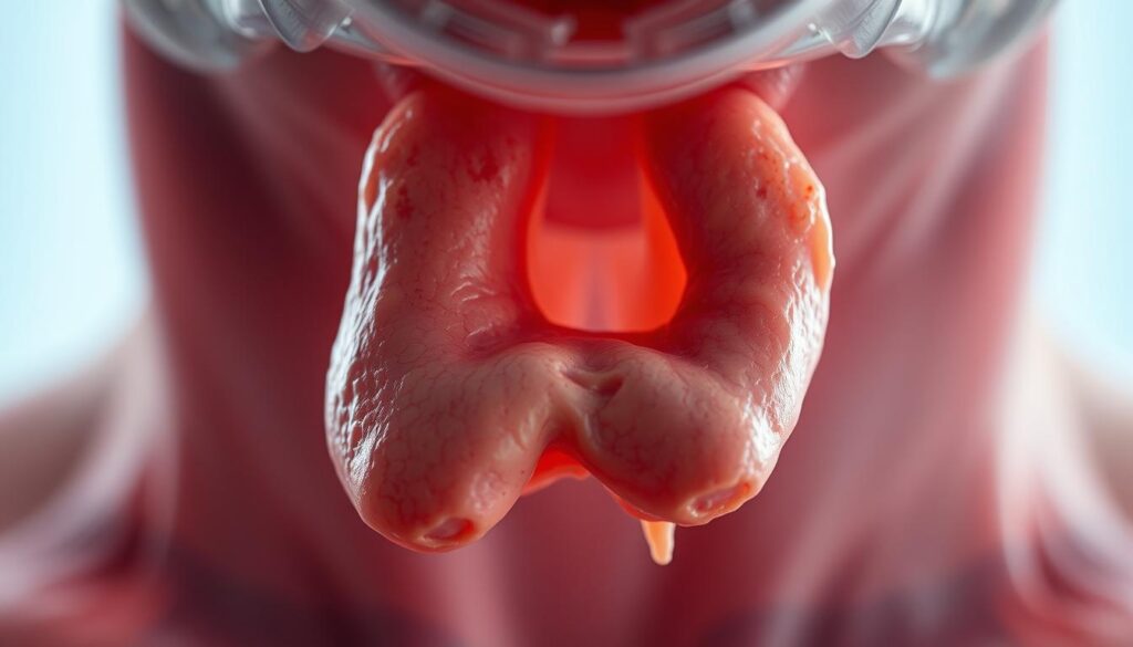 A detailed close-up view of a human thyroid gland, captured through a high-resolution medical imaging lens. The gland appears enlarged and inflamed, with a distinctive mottled texture and irregular shape, indicative of an autoimmune thyroid disorder. The image is illuminated by soft, diffused lighting, creating a clinical and diagnostic atmosphere. The background is blurred, keeping the focus on the intricate anatomy of the thyroid. The overall composition conveys a sense of medical investigation and the complexities of thyroid-related health issues. A detailed close-up view of a human thyroid gland, captured through a high-resolution medical imaging lens. The gland appears enlarged and inflamed, with a distinctive mottled texture and irregular shape, indicative of an autoimmune thyroid disorder. The image is illuminated by soft, diffused lighting, creating a clinical and diagnostic atmosphere. The background is blurred, keeping the focus on the intricate anatomy of the thyroid. The overall composition conveys a sense of medical investigation and the complexities of thyroid-related health issues.