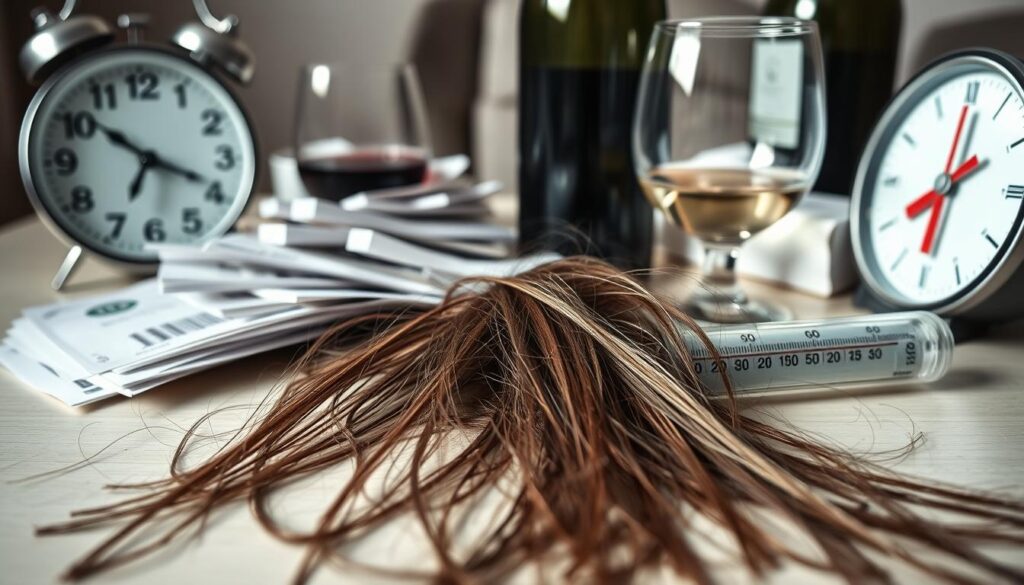 A detailed close-up view of common triggers that can potentially lead to telogen effluvium, a type of temporary hair loss. The foreground features a collection of stress-inducing objects and situations, such as a ticking alarm clock, a scattered pile of bills, a glass of wine, and a thermometer representing fever or illness. The middle ground showcases several strands of fallen hair, emphasizing the connection between these triggers and the shedding of hair. The background is a soft, blurred out scene, creating a sense of focus on the main subject matter. The lighting is natural, with slightly dimmed shadows to convey a somber, pensive mood. The overall composition evokes a sense of the underlying causes and effects of telogen effluvium. A detailed close-up view of common triggers that can potentially lead to telogen effluvium, a type of temporary hair loss. The foreground features a collection of stress-inducing objects and situations, such as a ticking alarm clock, a scattered pile of bills, a glass of wine, and a thermometer representing fever or illness. The middle ground showcases several strands of fallen hair, emphasizing the connection between these triggers and the shedding of hair. The background is a soft, blurred out scene, creating a sense of focus on the main subject matter. The lighting is natural, with slightly dimmed shadows to convey a somber, pensive mood. The overall composition evokes a sense of the underlying causes and effects of telogen effluvium.