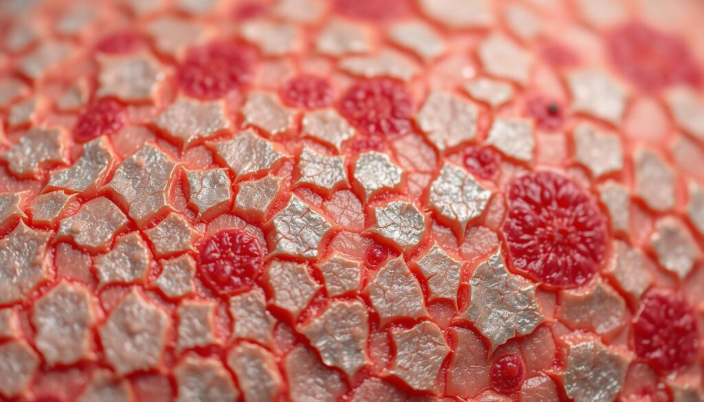 A detailed, close-up view of inflamed psoriatic skin, showing the characteristic red, scaly, and irritated patches. The foreground features the textured, cracked skin with silver-white scales scattered across the surface, conveying the discomfort and roughness of the condition. The middle ground reveals the angry, inflamed redness beneath the scales, while the background subtly suggests the underlying inflammation and immune system response. The lighting is soft and diffused, casting gentle shadows to accentuate the skin's topography. The entire scene is captured with a macro lens, allowing the viewer to intimately examine the microscopic details of this autoimmune disorder.