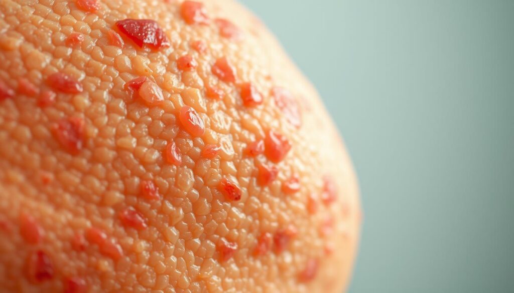 A detailed, close-up view of inflamed, scaly skin affected by seborrheic dermatitis. The skin appears reddish-yellow with greasy, flaky patches, capturing the characteristic appearance of this chronic skin condition. The image is shot in natural lighting, with a shallow depth of field to focus attention on the textured, irritated skin. The background is blurred, creating a softly-lit, clinical atmosphere. The overall composition and lighting aim to illustrate the primary causes of seborrheic dermatitis, including overproduction of oil, overgrowth of yeast, and immune system imbalances.
