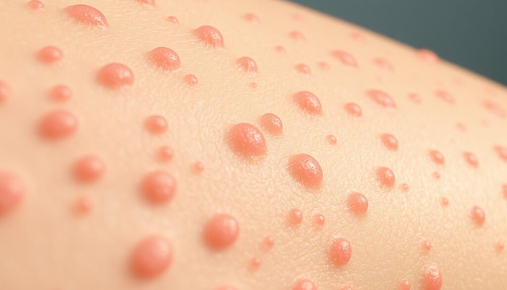 A detailed closeup view of the human skin, revealing the underlying structure and texture of hives, also known as urticaria. The image should capture the inflamed, raised, reddish-pink welts that are characteristic of this skin condition. The lighting should be bright and directional, casting subtle shadows to emphasize the three-dimensional nature of the hives. The focal point should be sharp, with a shallow depth of field to keep the background pleasantly blurred. The overall mood should convey a sense of clinical clarity, allowing the viewer to clearly understand the visual manifestation of this common skin ailment. A detailed closeup view of the human skin, revealing the underlying structure and texture of hives, also known as urticaria. The image should capture the inflamed, raised, reddish-pink welts that are characteristic of this skin condition. The lighting should be bright and directional, casting subtle shadows to emphasize the three-dimensional nature of the hives. The focal point should be sharp, with a shallow depth of field to keep the background pleasantly blurred. The overall mood should convey a sense of clinical clarity, allowing the viewer to clearly understand the visual manifestation of this common skin ailment.