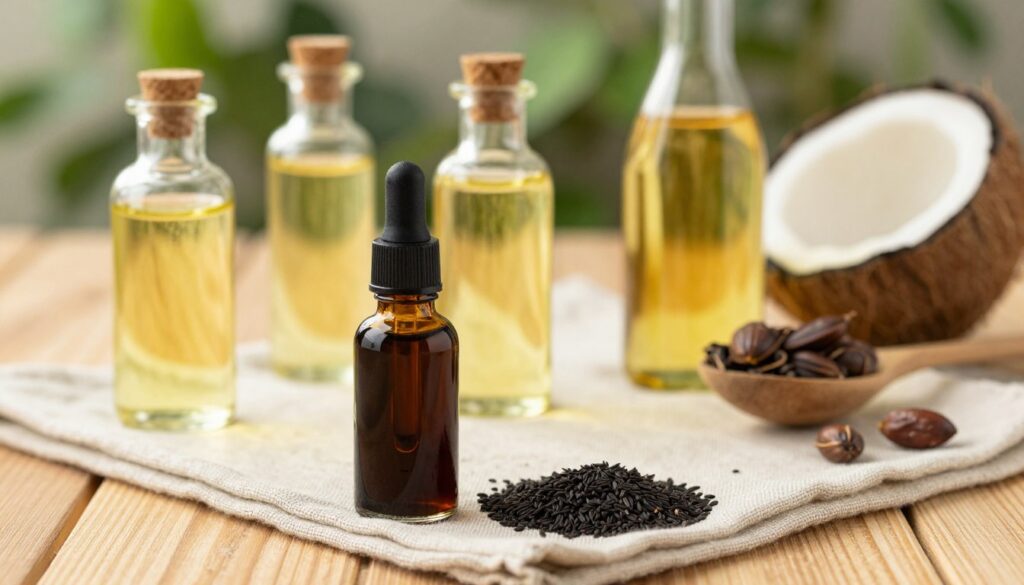 A detailed comparison of black cumin seed extract and various other oils, beautifully arranged on a wooden table. In the foreground, showcase a sleek glass dropper bottle of dark black cumin oil, with a small pile of whole black cumin seeds beside it on a natural linen cloth. In the middle, present several clear glass bottles filled with different oils like olive, coconut, and argan, artfully positioned to create a visual contrast. The background features soft-focus greenery, evoking a natural, organic feel. Use warm, natural lighting to enhance the colors and textures, simulating a sunny afternoon. The atmosphere should convey a sense of health and wellness, inviting the viewer to explore the benefits of black cumin oil alongside other natural oils.