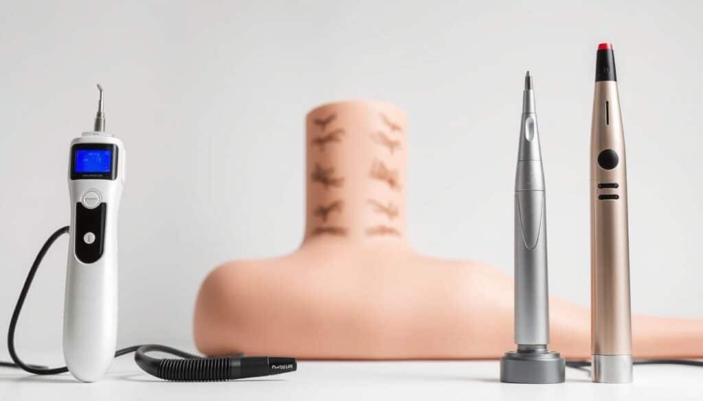 A detailed comparison of permanent hair removal methods, showcased in a clean, scientific layout. In the foreground, an electrolysis device and a laser hair removal handpiece are displayed side-by-side, allowing for a direct visual comparison. The middle ground features a skin model with various hair types, highlighting the targeted hair follicles. The background is a neutral, minimalist studio setting with soft, even lighting to emphasize the technical precision. The overall atmosphere is one of clinical efficiency and informative clarity, suitable for an educational article on the efficacy of electrolysis.