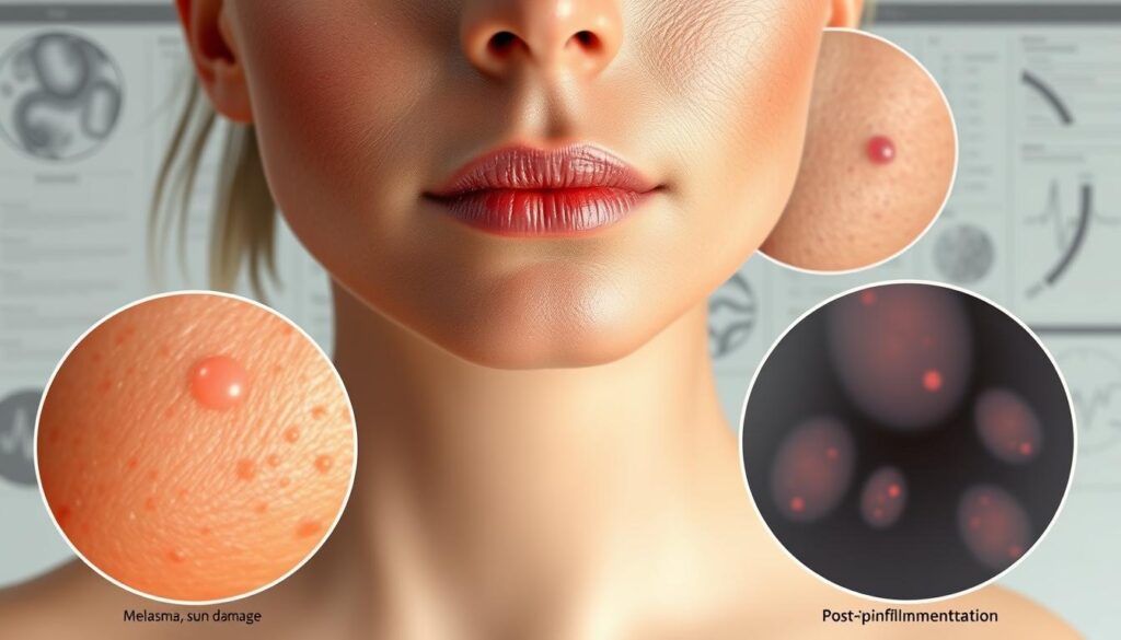 A detailed comparison of various types of hyperpigmentation, showcased in a realistic medical illustration. The foreground features close-up, high-resolution visuals of different pigmentation conditions such as melasma, sun damage, post-inflammatory hyperpigmentation, and age spots. The middle ground presents a neutral, clean background with soft lighting to highlight the skin textures and tones. The background incorporates scientific elements like microscopic imagery, anatomical diagrams, and a muted color palette to evoke a clinical, educational atmosphere. Rendered with a photorealistic style, high-quality depth of field, and a slight vignette to draw the viewer's attention to the central focus. A detailed comparison of various types of hyperpigmentation, showcased in a realistic medical illustration. The foreground features close-up, high-resolution visuals of different pigmentation conditions such as melasma, sun damage, post-inflammatory hyperpigmentation, and age spots. The middle ground presents a neutral, clean background with soft lighting to highlight the skin textures and tones. The background incorporates scientific elements like microscopic imagery, anatomical diagrams, and a muted color palette to evoke a clinical, educational atmosphere. Rendered with a photorealistic style, high-quality depth of field, and a slight vignette to draw the viewer's attention to the central focus.