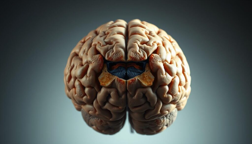 A detailed cross-section of the human brain, showcasing the distinct features of frontotemporal dementia. The middle layer depicts the frontal and temporal lobes, with noticeable atrophy and discoloration, reflecting the characteristic neurodegeneration. The background features a muted, anatomical color palette, creating a somber and informative tone. Crisp lighting from the side illuminates the intricate structures, allowing for a clear visualization of the affected regions. The overall image conveys the complexity and severity of this neurological condition, providing a comprehensive visual aid to understand Bruce Willis's medical diagnosis.