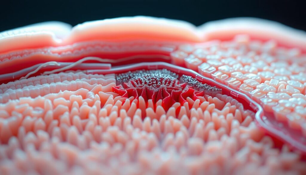 A detailed cross-section of the nail matrix, the germinative region at the base of the nail that produces new nail cells. Bright, high-resolution, macro close-up view with shallow depth of field, showcasing the intricate layers and structures - the nail root, nail bed, and surrounding tissues. Soft, diffused lighting illuminates the delicate anatomy, highlighting the cuticle, nail fold, and the matrix itself, where nail growth originates. Rendered with meticulous scientific accuracy and clarity, emphasizing the essential role of the nail matrix in the nail growth process.