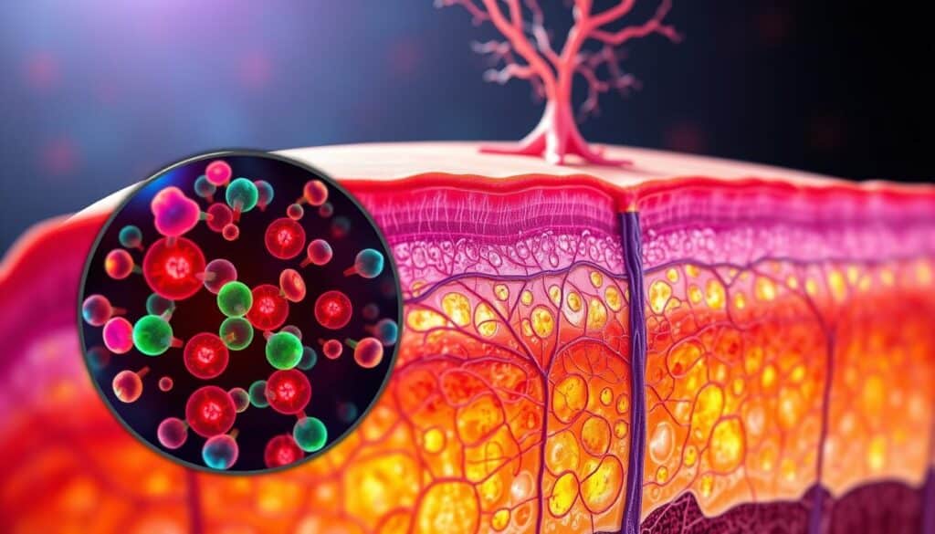 A detailed cross-section of the skin, revealing the underlying autoimmune mechanism driving alopecia areata. In the foreground, a magnified view of hair follicles under attack by the body's own immune cells, highlighted in vibrant colors. The middle ground showcases the complex network of inflammatory signaling pathways, while the background depicts the overall skin structure and its intricate vascular system. Bright, scientific lighting illuminates the scene, conveying a sense of clinical investigation and understanding. Rendered with a high level of anatomical accuracy and technical precision to visually explain the complex pathophysiology of this autoimmune condition.