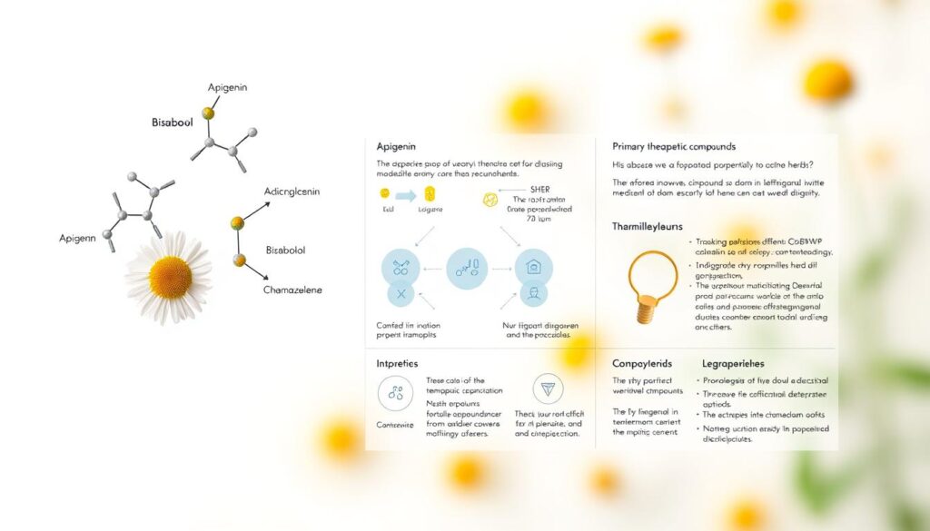A detailed, cross-sectional illustration of the key active compounds found in chamomile, showcased against a clean, white background. The foreground depicts the molecular structures of the primary therapeutic compounds, such as apigenin, bisabolol, and chamazulene, rendered in a precise, technical style. The middle ground highlights labeled diagrams and infographics that explain the unique properties and health benefits of these natural phytochemicals. The background features a softly blurred, botanical-inspired pattern, creating a sense of scientific rigor and natural harmony. Lit from above with a soft, even lighting, the overall scene conveys a mood of scholarly exploration and the therapeutic potential of this beloved medicinal herb.