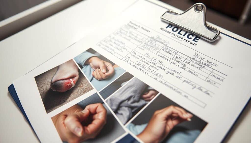 A detailed document on a clipboard, showcasing photographic evidence of a dog attack. The foreground features high-resolution images of bite marks, torn clothing, and other physical injuries. The middle ground shows a police report form with handwritten notes, referencing the visual documentation. The background is a neutral, well-lit office setting, conveying a sense of official record-keeping. Soft, directional lighting casts subtle shadows, emphasizing the gravity and importance of the evidence. The overall mood is somber and clinical, capturing the necessary documentation of a troubling incident.