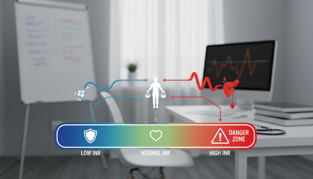 A detailed, dynamic chart illustrating the dangerous bleeding risk associated with abnormal INR (International Normalized Ratio) levels. In the foreground, display a clear gradient color scale representing INR levels, with sections marked for low, normal, and high ranges. Boldly highlight the dangerous threshold in red. In the middle, integrate icons or symbols representing risk factors, such as a droplet of blood, a shield for protection, and a warning triangle for high-risk INR levels. In the background, create a soft-focus medical office environment, suggesting a clinical atmosphere with charts and medical equipment subtly visible. Use soft, diffused lighting to enhance clarity, ensuring the image conveys an informative and serious tone, suitable for a medical audience, without any text or labels present. A detailed, dynamic chart illustrating the dangerous bleeding risk associated with abnormal INR (International Normalized Ratio) levels. In the foreground, display a clear gradient color scale representing INR levels, with sections marked for low, normal, and high ranges. Boldly highlight the dangerous threshold in red. In the middle, integrate icons or symbols representing risk factors, such as a droplet of blood, a shield for protection, and a warning triangle for high-risk INR levels. In the background, create a soft-focus medical office environment, suggesting a clinical atmosphere with charts and medical equipment subtly visible. Use soft, diffused lighting to enhance clarity, ensuring the image conveys an informative and serious tone, suitable for a medical audience, without any text or labels present.