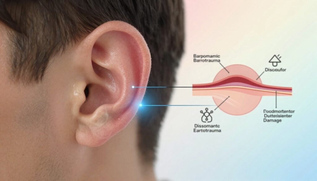 A detailed, educational illustration of ear barotrauma, focusing on the inner workings of the ear. In the foreground, a close-up view of the human ear with annotated parts such as the eardrum, middle ear, and Eustachian tube, highlighted in a soft blue glow to indicate pressure changes. In the middle ground, an infographic style depiction of barometric pressure changes and their effects on the ear, such as discomfort and potential damage, represented with simple icons. The background should be a blurred, soothing gradient of light colors, evoking a calm atmosphere. Use warm, natural lighting to enhance the educational aspect. The overall mood is informative and professional, suitable for a medical article.