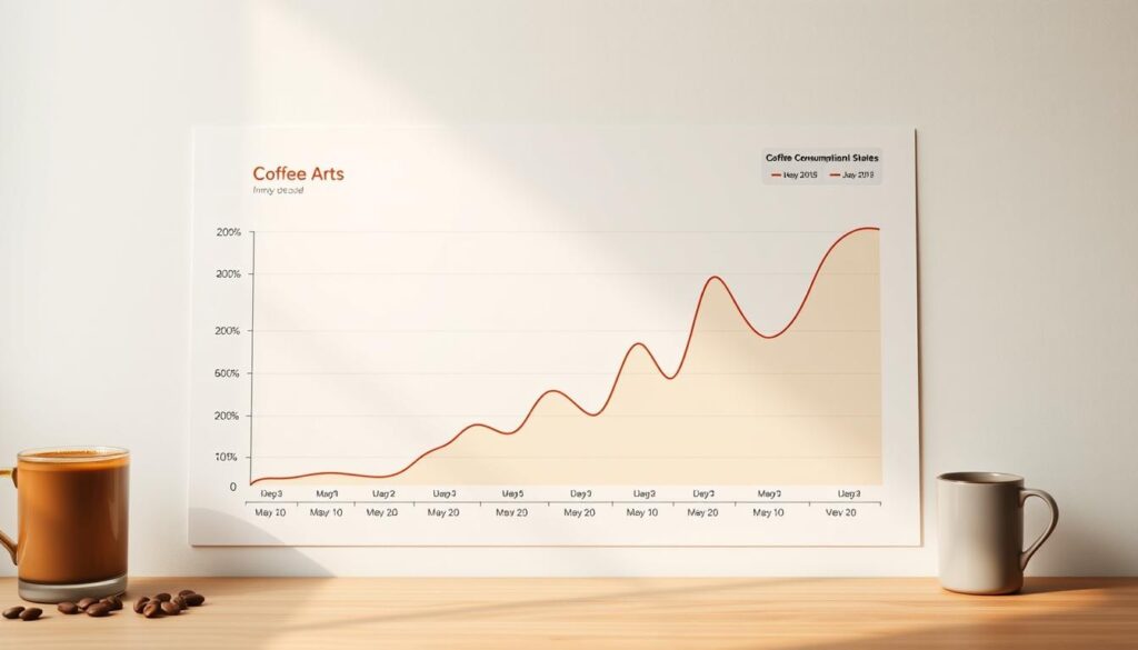 A detailed graph depicting the coffee consumption trends in the United States, showcased against a minimalist background. The graph should feature clean lines, vibrant colors, and clear data visualization elements that highlight the fluctuations in coffee drinking habits over the past decade. The lighting should be soft and natural, with a warm, inviting tone that evokes the comforting aroma of freshly brewed coffee. The camera angle should be slightly elevated, providing a comprehensive overview of the data without distracting the viewer from the key insights. The overall mood should convey a sense of analytical sophistication, reflecting the informative nature of the data presented.