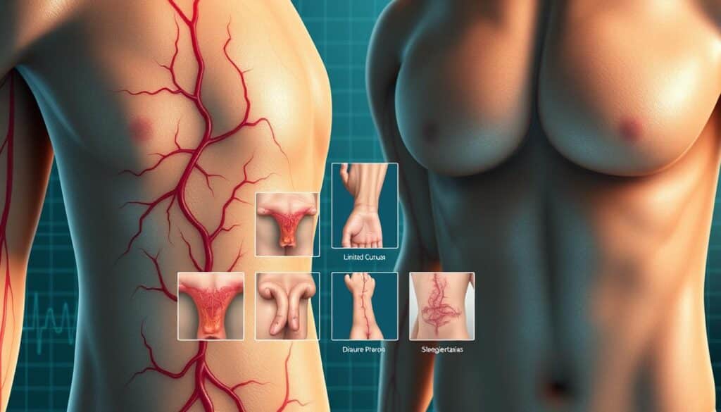 A detailed, high-quality medical illustration depicting the various types of scleroderma. In the foreground, show the three main subtypes - limited cutaneous, diffuse cutaneous, and sine scleroderma - each represented by a clear, anatomically accurate skin cross-section highlighting the characteristic fibrosis and vascular changes. In the middle ground, incorporate a series of smaller inset images showcasing the distinct skin manifestations, such as Raynaud's phenomenon, salt-and-pepper skin, and telangiectasias. The background should convey a clinical, scientific atmosphere with a subtle grid or network pattern suggestive of the underlying autoimmune pathology. Render the entire scene with photorealistic precision using a combination of natural lighting and subtle color grading to enhance the medical authenticity. A detailed, high-quality medical illustration depicting the various types of scleroderma. In the foreground, show the three main subtypes - limited cutaneous, diffuse cutaneous, and sine scleroderma - each represented by a clear, anatomically accurate skin cross-section highlighting the characteristic fibrosis and vascular changes. In the middle ground, incorporate a series of smaller inset images showcasing the distinct skin manifestations, such as Raynaud's phenomenon, salt-and-pepper skin, and telangiectasias. The background should convey a clinical, scientific atmosphere with a subtle grid or network pattern suggestive of the underlying autoimmune pathology. Render the entire scene with photorealistic precision using a combination of natural lighting and subtle color grading to enhance the medical authenticity.