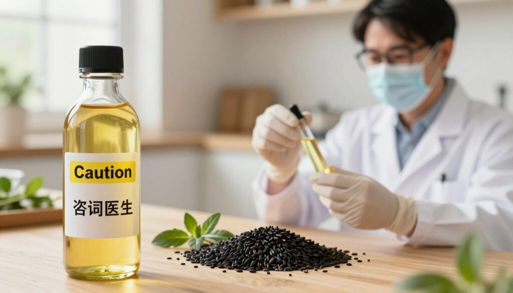 A detailed illustration capturing the safety precautions regarding black cumin oil. In the foreground, a close-up of a bottle of black cumin oil, with a clear label highlighting "Caution" and "Consult Doctor". Beside it, a professional-looking individual in a white lab coat, using safety gloves while examining the oil, showcasing diligence and caution. In the middle, a small arrangement of black cumin seeds and herbs, symbolizing the source. The background features a softly blurred kitchen setting with natural light streaming in, creating a warm and informative atmosphere. The angle is slightly above eye level, emphasizing both the oil and the cautionary stance of the individual. The overall mood is serious yet educational, aimed at conveying safety and responsibility in usage.