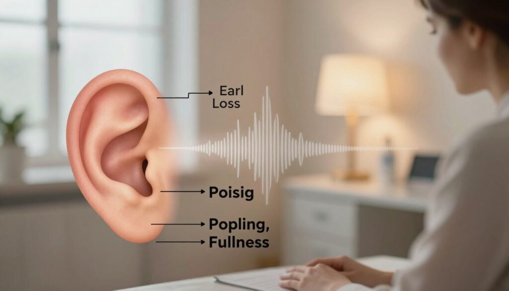 A detailed illustration depicting the relationship between ear barotrauma symptoms and hearing loss. In the foreground, portray an anatomical diagram of an ear, highlighting areas affected by pressure changes, with clear labels indicating symptoms such as popping, fullness, and pain. In the middle ground, show a subtle visual connection to sound waves represented by gentle, wavy lines emanating from the ear, illustrating the impact on hearing. The background features a calming medical office environment, softly lit with warm illumination to create a reassuring atmosphere. Use a shallow depth of field to focus on the ear anatomy while blurring the background, and present the scene from a slightly elevated angle to provide a comprehensive view. The overall mood is informative yet soothing, aimed at educating viewers without overwhelming them.
