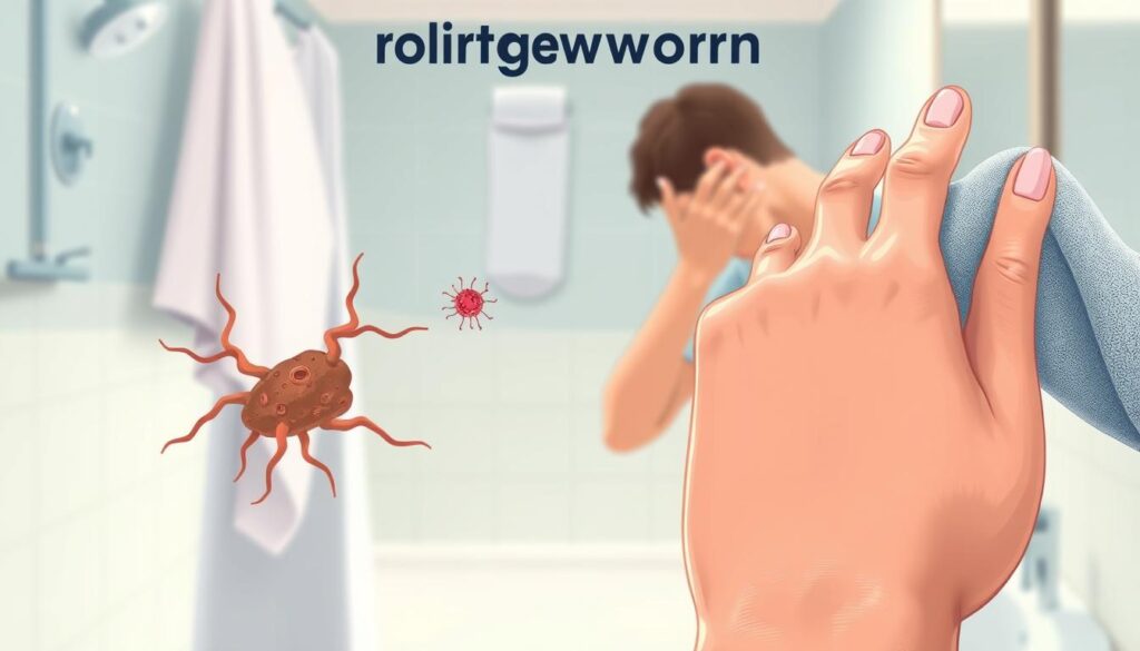 A detailed illustration depicting the transmission methods of ringworm infection. In the foreground, a hand grasping a towel or cloth, representing the potential spread of the fungal spores through direct contact. In the middle ground, a person scratching their skin, showcasing the typical symptoms of itchiness and irritation. The background should feature a clinical, sterile environment, such as a bathroom, with the lighting casting a soft, diffused glow to convey a sense of medical authority. The overall tone should be educational, focused on informing the viewer about the various ways in which ringworm can be transmitted, without being overly clinical or graphic.