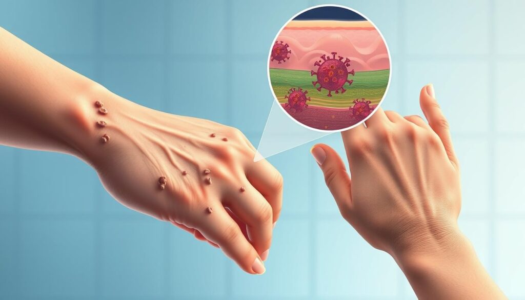 A detailed illustration depicting the transmission of warts through direct skin-to-skin contact. In the foreground, two human hands are shown making physical contact, with one hand visibly displaying wart-like growths. The middle ground showcases a microscopic view of the human skin, revealing the proliferation of the wart virus and its propagation through the epidermal layers. The background depicts a clinical, sterile environment to convey the medical and scientific context of understanding wart transmission. Soft, diffused lighting casts an educational, informative tone, while the composition emphasizes the interconnected nature of the wart infection process.