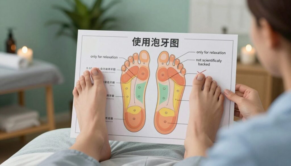 A detailed illustration of a foot reflexology chart, emphasizing common misconceptions. In the foreground, a pair of human feet in a relaxed position, showing pressure points clearly. The middle ground features a large, colorful reflexology chart that highlights various foot zones, accurately labeled, but crossed out misconceptions, such as "only for relaxation" or "not scientifically backed." The background presents a calming wellness studio ambiance, with soft lighting that creates a serene mood. The scene is framed using a natural angle, capturing both the feet and the chart prominently. Use a gentle color palette of greens and blues to evoke tranquility. Ensure all subjects are in professional attire, emphasizing a respectful and educational atmosphere.