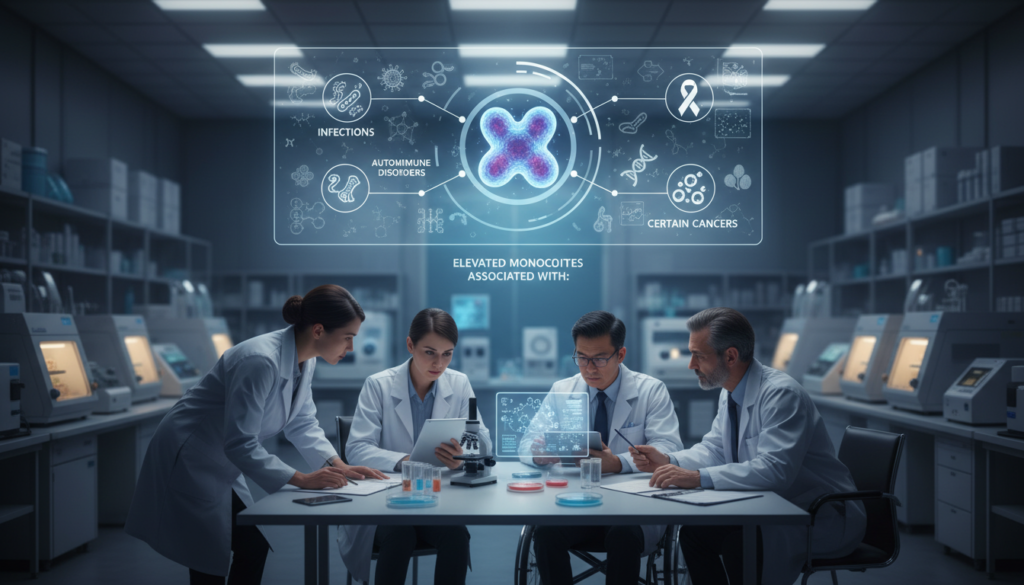 A detailed illustration of elevated monocytes in the context of various medical conditions. In the foreground, a diverse group of healthcare professionals in professional business attire intently examines laboratory samples and medical charts, symbolizing their analysis of elevated monocytes levels. In the middle ground, a large, visually striking infographic displays key conditions associated with high monocyte counts, including infections, autoimmune disorders, and certain cancers, depicted with medical icons and diagrams. The background features a modern laboratory setting filled with scientific equipment and soft, ambient lighting that conveys a serious yet hopeful atmosphere. The composition should have a clear focus with a slightly blurred background effect, creating depth while emphasizing the informative elements of the scene.