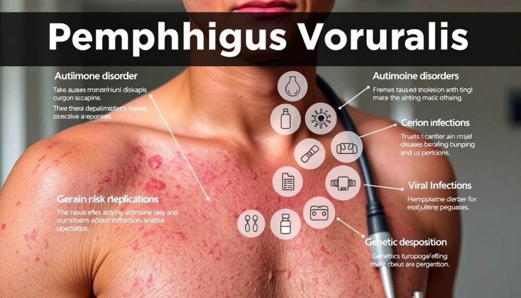 A detailed illustration of the key risk factors for pemphigus vulgaris. In the foreground, a central close-up of a person's skin, revealing the characteristic blisters and lesions. In the middle ground, a collage of icons and symbols representing the known causes and triggers, such as autoimmune disorders, certain medications, viral infections, and genetic predisposition. The background is a soft, blurred medical setting, with a muted color palette evoking the seriousness of the condition. The lighting is natural, with soft shadows adding depth and realism. The overall mood is educational and informative, guiding the viewer's understanding of this complex autoimmune disease.