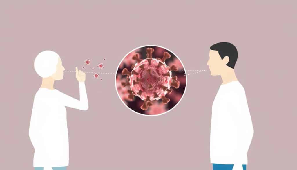 A detailed illustration of the transmission of herpes simplex virus between two people. In the foreground, two stylized human figures in close contact, with the virus particles emerging from one figure and being transferred to the other. The figures are rendered in a clean, medical illustration style, with minimal distraction. The middle ground depicts the virus particles in a magnified, abstract representation, showcasing their structure and movement. The background is a neutral, gradient-based setting that allows the focus to remain on the central figures and the viral transmission. The overall scene is lit with a soft, diffused lighting that conveys a sense of clinical precision and scientific observation.