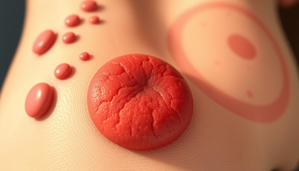 A detailed illustration showcasing different types of ringworm infections. In the foreground, a close-up view of a circular red rash with a raised, scaly border - the classic presentation of tinea corporis, or body ringworm. Behind it, a series of smaller, more scattered circular lesions depicting tinea pedis (athlete's foot) and tinea cruris (jock itch). In the middle ground, a larger, more diffuse rash with central clearing, indicative of tinea capitis (scalp ringworm). Lighting is soft and natural, creating a clinical yet informative atmosphere. Rendered with a realistic, high-detail medical illustration style using a wide depth of field to emphasize the varied appearances of these common fungal skin infections.