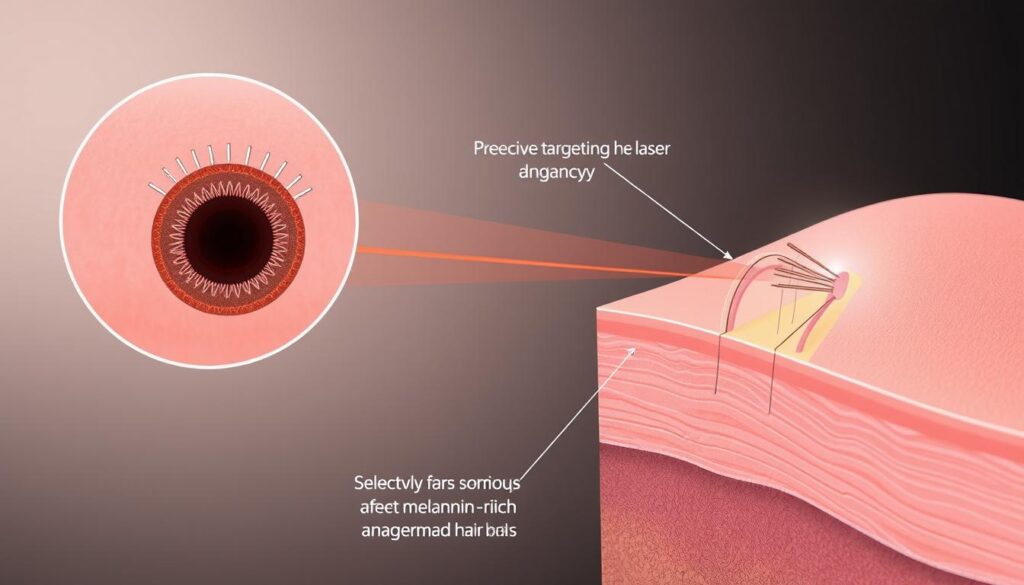 A detailed illustration showcasing the phases of hair growth during laser hair removal treatment. In the foreground, a close-up view of a skin cross-section displays the hair follicle at various stages, from active growth to dormancy. The middle ground depicts the precise targeting of the laser, selectively affecting the melanin-rich anagen hairs. In the background, a subtle gradient of skin tones with minimal distractions, allowing the technical details to take center stage. Crisp, high-resolution rendering with muted, clinical tones to convey the scientific nature of the process. Precise anatomical accuracy and attention to detail, providing a visually informative depiction of the laser hair removal mechanism.