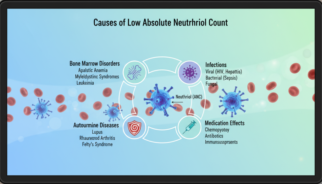 A detailed infographic depicting the "Causes of Low Absolute Neutrophil Count" in a medical context. Foreground: a clear, labeled diagram showcasing various causes, such as bone marrow disorders, infections, autoimmune diseases, and medication effects, with icons representing each cause (e.g., a syringe for medications, a virus icon for infections). Middle ground: a representation of blood cells, emphasizing neutrophils, in vibrant colors to draw attention. Background: a subtle gradient in soft blue and green tones to convey a calm, clinical atmosphere. The lighting should be bright and even, simulating a well-lit laboratory setting. The angle should be top-down to provide an overview, ensuring clarity and professionalism, ideal for educational purposes. A detailed infographic depicting the "Causes of Low Absolute Neutrophil Count" in a medical context. Foreground: a clear, labeled diagram showcasing various causes, such as bone marrow disorders, infections, autoimmune diseases, and medication effects, with icons representing each cause (e.g., a syringe for medications, a virus icon for infections). Middle ground: a representation of blood cells, emphasizing neutrophils, in vibrant colors to draw attention. Background: a subtle gradient in soft blue and green tones to convey a calm, clinical atmosphere. The lighting should be bright and even, simulating a well-lit laboratory setting. The angle should be top-down to provide an overview, ensuring clarity and professionalism, ideal for educational purposes.