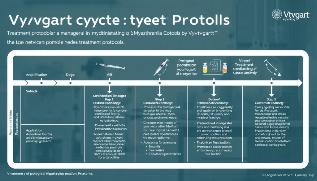 A detailed infographic illustrating the treatment cycle protocols for Vyvgart (efgartigimod) in the management of myasthenia gravis. The foreground features a clean, technical diagram outlining the key steps in the treatment cycle, including timelines, dosage information, and administration routes. The middle ground showcases medical equipment and instruments relevant to the administration process, such as syringes, vials, and infusion bags, all rendered in a clinical, high-contrast style. The background hints at a laboratory or hospital setting, with a muted color palette and subtle grid patterns to convey a sense of precision and professionalism. The overall mood is informative, authoritative, and visually engaging, tailored to educate healthcare professionals about the Vyvgart treatment protocols. A detailed infographic illustrating the treatment cycle protocols for Vyvgart (efgartigimod) in the management of myasthenia gravis. The foreground features a clean, technical diagram outlining the key steps in the treatment cycle, including timelines, dosage information, and administration routes. The middle ground showcases medical equipment and instruments relevant to the administration process, such as syringes, vials, and infusion bags, all rendered in a clinical, high-contrast style. The background hints at a laboratory or hospital setting, with a muted color palette and subtle grid patterns to convey a sense of precision and professionalism. The overall mood is informative, authoritative, and visually engaging, tailored to educate healthcare professionals about the Vyvgart treatment protocols.