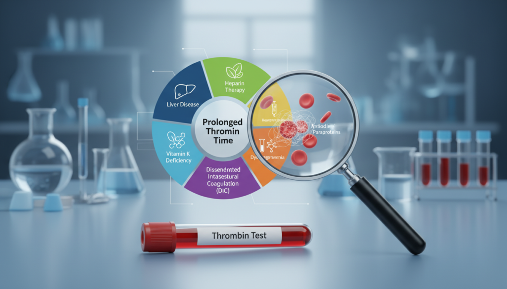 A detailed infographic illustration depicting the factors affecting prolonged thrombin time results. In the foreground, a blood sample tube labeled "Thrombin Test" alongside a magnifying glass examining blood samples, symbolizing test interference. The middle layer features a colorful chart outlining various causes and interference factors, such as liver disease, heparin therapy, and vitamin K deficiency, with icons representing each factor. The background should include an abstract representation of a laboratory setting with glassware and medical equipment subtly blurred to emphasize the focus on the infographic. Bright, clinical lighting illuminates the scene, creating a professional and informative atmosphere. The angle is slightly tilted from above, providing a comprehensive view of the elements without any text or watermarks. A detailed infographic illustration depicting the factors affecting prolonged thrombin time results. In the foreground, a blood sample tube labeled "Thrombin Test" alongside a magnifying glass examining blood samples, symbolizing test interference. The middle layer features a colorful chart outlining various causes and interference factors, such as liver disease, heparin therapy, and vitamin K deficiency, with icons representing each factor. The background should include an abstract representation of a laboratory setting with glassware and medical equipment subtly blurred to emphasize the focus on the infographic. Bright, clinical lighting illuminates the scene, creating a professional and informative atmosphere. The angle is slightly tilted from above, providing a comprehensive view of the elements without any text or watermarks.