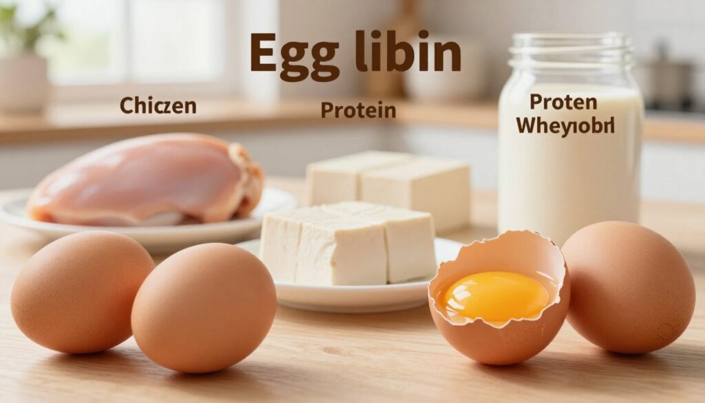 A detailed infographic showcasing a nutritional comparison of egg albumin with various other protein sources, such as chicken breast, tofu, and whey protein. In the foreground, display attractive, realistically rendered eggs with their albumin visually emphasized, perhaps a cutaway view showing the different components. In the middle ground, place neatly arranged protein food items, each labeled for clarity. The background should be a soft kitchen environment with natural light streaming in through a window, creating a warm and inviting atmosphere. Use a shallow depth of field to keep the focus on the primary subjects. The overall mood should be informative yet visually appealing, highlighting the nutritional content in an engaging manner without any text, logos, or additional elements. A detailed infographic showcasing a nutritional comparison of egg albumin with various other protein sources, such as chicken breast, tofu, and whey protein. In the foreground, display attractive, realistically rendered eggs with their albumin visually emphasized, perhaps a cutaway view showing the different components. In the middle ground, place neatly arranged protein food items, each labeled for clarity. The background should be a soft kitchen environment with natural light streaming in through a window, creating a warm and inviting atmosphere. Use a shallow depth of field to keep the focus on the primary subjects. The overall mood should be informative yet visually appealing, highlighting the nutritional content in an engaging manner without any text, logos, or additional elements.