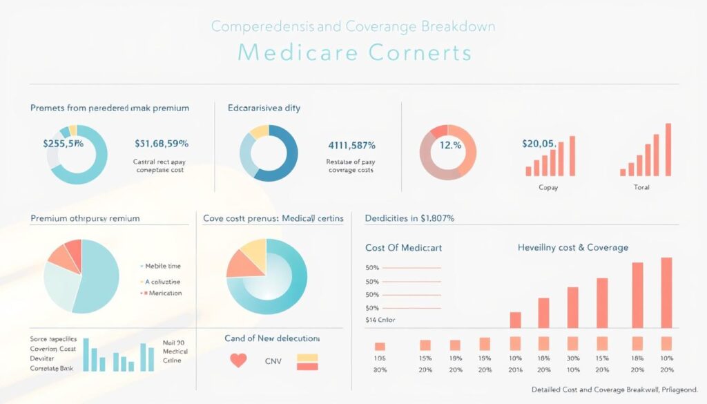 A detailed infographic showcasing the comprehensive breakdown of Medicare costs. Set against a clean, minimalist background, the image features a clear, well-organized layout with distinct sections. The foreground displays a series of pie charts and bar graphs, meticulously illustrating the various cost components such as premiums, deductibles, copays, and coverage percentages. Crisp, high-resolution illustrations convey the information with precision and clarity, allowing the viewer to easily understand the intricate details of Medicare coverage. Subtle use of pastel hues and a soft, warm lighting create a professional, trustworthy atmosphere, complementing the subject matter. The overall composition strikes a balance between informative data visualization and visually appealing design, making it an invaluable resource for the "Detailed Cost and Coverage Breakdown" section. A detailed infographic showcasing the comprehensive breakdown of Medicare costs. Set against a clean, minimalist background, the image features a clear, well-organized layout with distinct sections. The foreground displays a series of pie charts and bar graphs, meticulously illustrating the various cost components such as premiums, deductibles, copays, and coverage percentages. Crisp, high-resolution illustrations convey the information with precision and clarity, allowing the viewer to easily understand the intricate details of Medicare coverage. Subtle use of pastel hues and a soft, warm lighting create a professional, trustworthy atmosphere, complementing the subject matter. The overall composition strikes a balance between informative data visualization and visually appealing design, making it an invaluable resource for the "Detailed Cost and Coverage Breakdown" section.