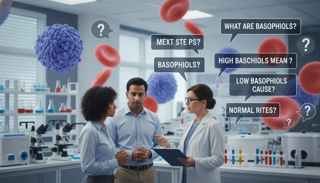 A detailed, informative illustration of common questions about basophils blood test results. In the foreground, depict a diverse group of three professionals in modest business attire engaged in a discussion, with one holding a clipboard and the others listening intently. In the middle ground, visualize a modern, well-lit laboratory setting with lab equipment like microscopes and test tubes, subtly hinting at scientific analysis. In the background, softly blurred anatomical imagery of blood cells, specifically basophils, in a vibrant color palette to engage viewers. Use soft, diffused lighting to create a calm, educational atmosphere, ensuring a sense of professionalism and warmth in the scene. The composition should feel inviting yet informative, providing clarity on the topic.