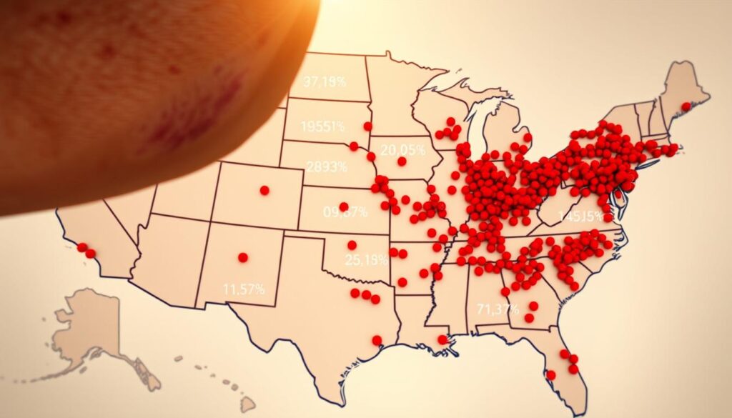 A detailed map of the United States, with clusters of red dots representing the latest measles outbreaks across the country. The map is illuminated by warm, natural lighting, creating a sense of urgency and concern. In the foreground, a close-up view of a measles rash on an individual's skin, textured and realistic, highlighting the severity of the disease. The middle ground features statistical data overlaid on the map, displaying the rising case counts and identifying regional hotspots. The background maintains a sense of scale, showcasing the nationwide scope of the outbreak, while the overall composition conveys the gravity of the situation.