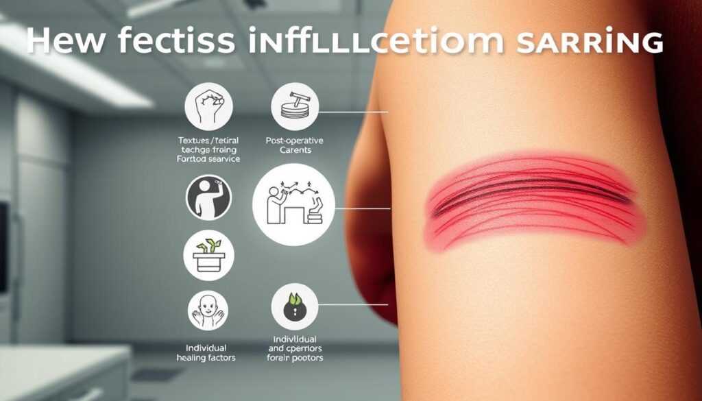 A detailed medical diagram showcasing the key factors influencing circumcision scarring. In the foreground, a close-up view of a healed circumcision scar, highlighting its texture, pigmentation, and contours. In the middle ground, a series of illustrated icons representing variables such as surgical technique, post-operative care, and individual healing factors. The background features a neutral, clinical environment with muted tones and subtle lighting, creating a sense of scholarly focus. The overall composition conveys a comprehensive, educational depiction of the complex interplay between physiological and procedural elements shaping the appearance of circumcision scars. A detailed medical diagram showcasing the key factors influencing circumcision scarring. In the foreground, a close-up view of a healed circumcision scar, highlighting its texture, pigmentation, and contours. In the middle ground, a series of illustrated icons representing variables such as surgical technique, post-operative care, and individual healing factors. The background features a neutral, clinical environment with muted tones and subtle lighting, creating a sense of scholarly focus. The overall composition conveys a comprehensive, educational depiction of the complex interplay between physiological and procedural elements shaping the appearance of circumcision scars.