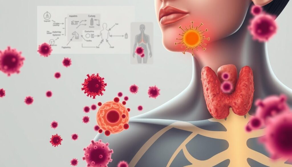 A detailed medical illustration depicting autoimmune thyroid conditions. In the foreground, a human thyroid gland, enlarged and inflamed, surrounded by immune cells attacking its tissues. In the middle ground, a stylized representation of the thyroid's complex hormonal regulation, with arrows and molecular diagrams. The background features a subtle anatomical diagram of the entire endocrine system, the thyroid highlighted and integrated within it. Rendered in a clean, scientific style with muted colors, crisp lines, and an overall sense of educational clarity. Dramatic yet informative, conveying the intricate interplay between autoimmunity and thyroid dysfunction. A detailed medical illustration depicting autoimmune thyroid conditions. In the foreground, a human thyroid gland, enlarged and inflamed, surrounded by immune cells attacking its tissues. In the middle ground, a stylized representation of the thyroid's complex hormonal regulation, with arrows and molecular diagrams. The background features a subtle anatomical diagram of the entire endocrine system, the thyroid highlighted and integrated within it. Rendered in a clean, scientific style with muted colors, crisp lines, and an overall sense of educational clarity. Dramatic yet informative, conveying the intricate interplay between autoimmunity and thyroid dysfunction.