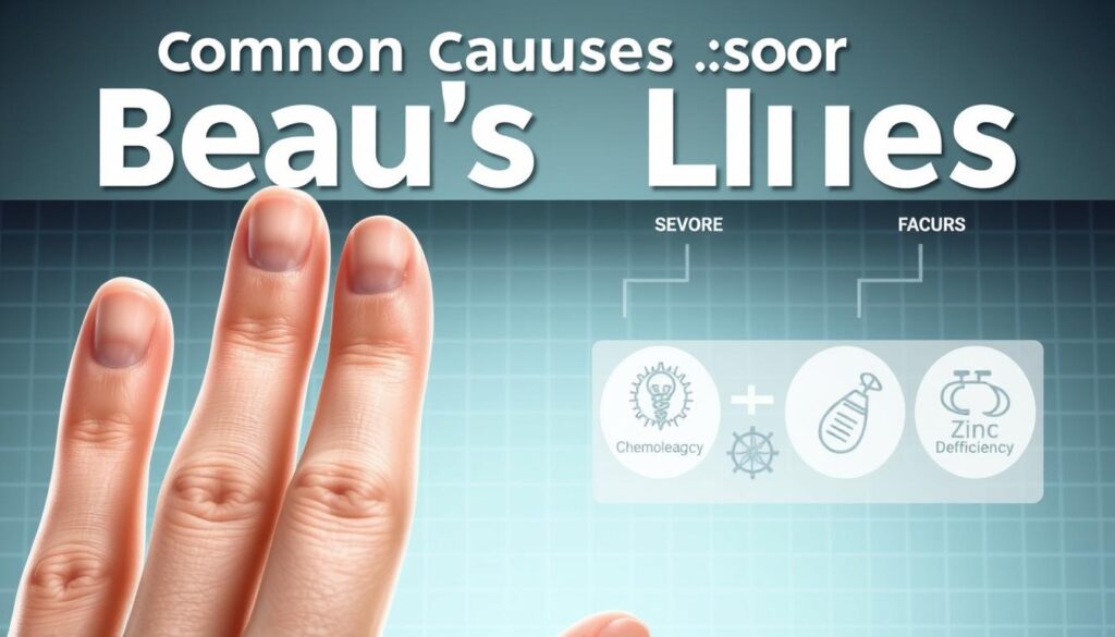 A detailed medical illustration depicting the common causes of Beau's lines, a type of fingernail deformity. The foreground shows a close-up view of a human hand with prominent Beau's lines, with the nails in crisp focus. The middle ground reveals the underlying factors leading to Beau's lines, such as severe illness, chemotherapy, malnutrition, and zinc deficiency, represented by a series of medical symbols and icons. The background has a clean, clinical ambiance with a subtle grid pattern, creating a sense of scientific examination. The lighting is soft and even, highlighting the textures and details of the hand and the medical imagery. The overall tone is educational and informative, suitable for a medical publication.