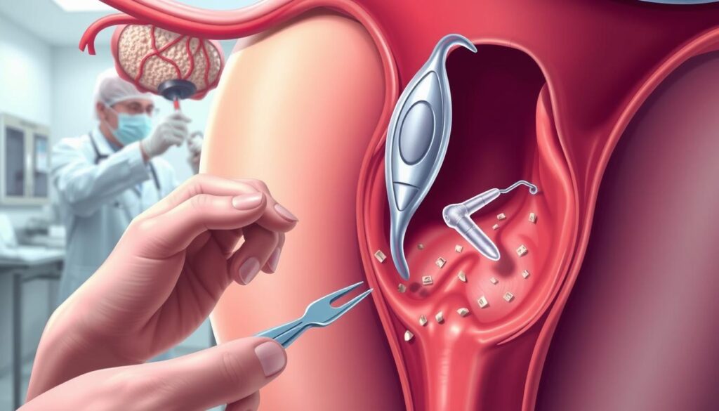A detailed medical illustration depicting the essential steps to take after an IUD breakage. A close-up view of a uterus in cross-section, with a broken IUD device visible. In the foreground, surgical instruments and a hand gently extracting the IUD fragments. The middle ground shows a doctor examining the uterus with a speculum. The background features a sterile medical environment with clean, bright lighting and a sense of clinical precision. The overall mood is one of careful, professional medical intervention to address the issue, conveying the importance of seeking proper medical care following an IUD complication.