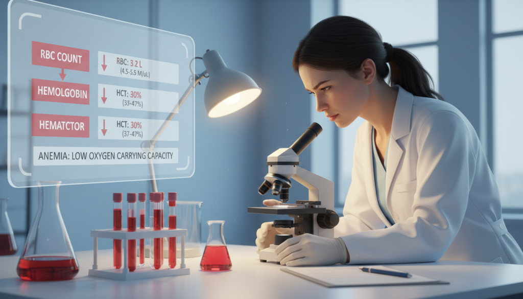 A detailed medical illustration depicting the interpretation of low CBC levels anemia. In the foreground, place a clean laboratory table with high-quality glass test tubes and a blood sample slide under a microscope. In the middle, showcase a nurse or doctor in professional attire, examining the blood sample with a focused expression, illuminated by soft, warm lighting to create an inviting atmosphere. In the background, a digital screen displays a clear infographic of CBC levels with highlighted sections showing low red blood cell counts and hematocrit levels. The setting should feel clinical yet approachable, emphasizing the importance of understanding blood count results. Capture this scene from a slightly elevated angle to provide depth, enhancing the educational aspect of the image.