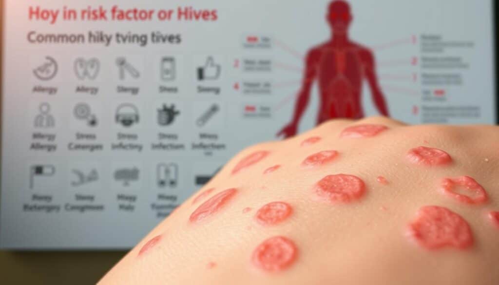 A detailed medical illustration depicting the key risk factors for developing hives (urticaria). In the foreground, a closeup view of inflamed, raised red welts on fair skin, captured under soft, directional lighting to emphasize the textural qualities. In the middle ground, a series of icons or symbols representing common hives triggers such as allergies, stress, infections, and medications. The background shows a subtly blurred anatomical chart or diagram of the human immune system, conveying the physiological mechanisms behind hives. The overall mood is clinical yet visually engaging, suitable for educational medical content. A detailed medical illustration depicting the key risk factors for developing hives (urticaria). In the foreground, a closeup view of inflamed, raised red welts on fair skin, captured under soft, directional lighting to emphasize the textural qualities. In the middle ground, a series of icons or symbols representing common hives triggers such as allergies, stress, infections, and medications. The background shows a subtly blurred anatomical chart or diagram of the human immune system, conveying the physiological mechanisms behind hives. The overall mood is clinical yet visually engaging, suitable for educational medical content.