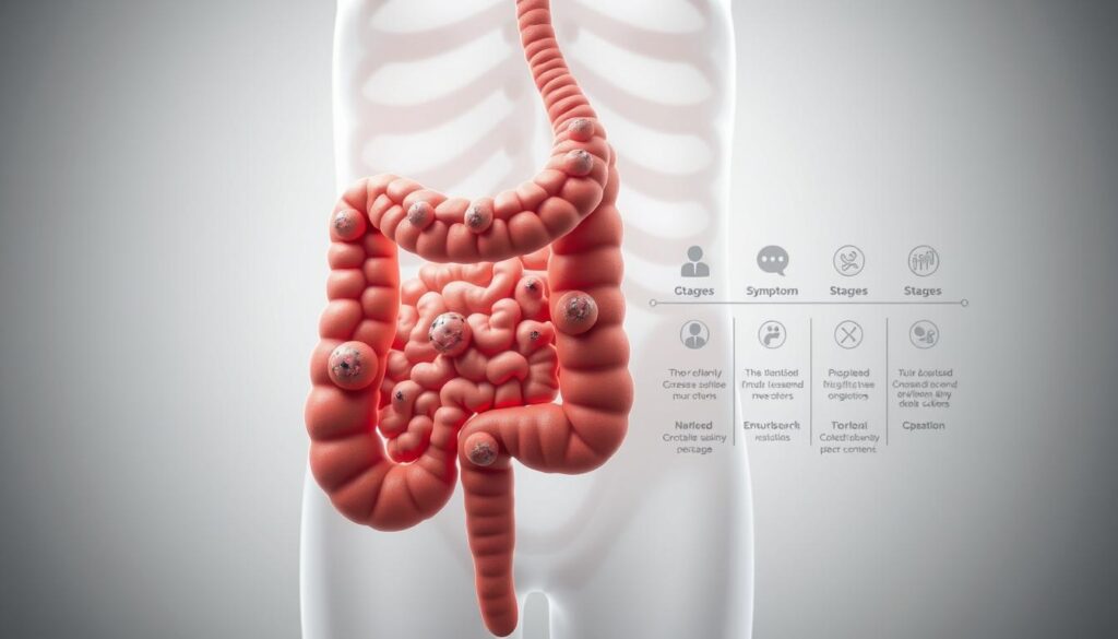 A detailed medical illustration depicting the various stages of colon cancer and how the symptoms may differ at each stage. The foreground shows a cross-section of the colon, with tumors of varying sizes and locations. The middle ground features a timeline showcasing the progression of the disease, with labeled stages and corresponding symptom icons. The background has a clean, clinical aesthetic with subtle anatomical references. Soft, directional lighting highlights the key elements, creating depth and emphasizing the informative nature of the image. Rendered in a photorealistic style to convey the seriousness of the subject matter. A detailed medical illustration depicting the various stages of colon cancer and how the symptoms may differ at each stage. The foreground shows a cross-section of the colon, with tumors of varying sizes and locations. The middle ground features a timeline showcasing the progression of the disease, with labeled stages and corresponding symptom icons. The background has a clean, clinical aesthetic with subtle anatomical references. Soft, directional lighting highlights the key elements, creating depth and emphasizing the informative nature of the image. Rendered in a photorealistic style to convey the seriousness of the subject matter.