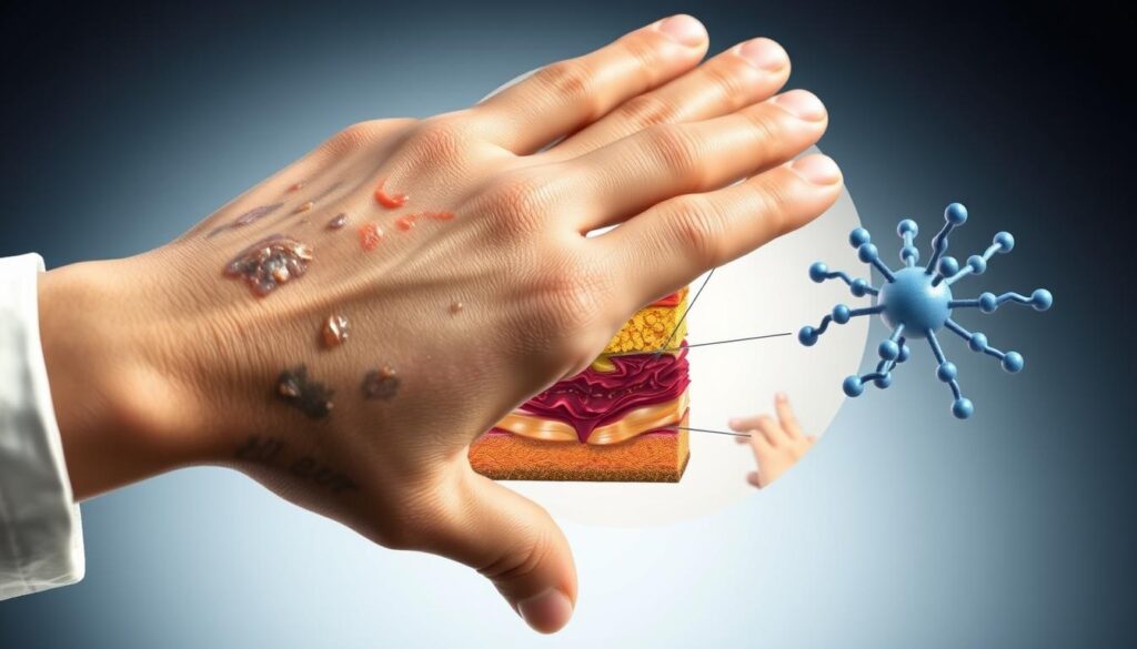 A detailed medical illustration depicting the visual signs and symptoms of porphyria cutanea tarda. The foreground shows a close-up view of a human hand with characteristic blisters, scarring, and photosensitivity. The middle ground features a detailed cutaway view of the skin layers, highlighting the biochemical disruptions that lead to the condition. The background depicts a molecular model representing the enzymatic deficiency at the root of porphyria cutanea tarda. The lighting is soft and naturalistic, emphasizing the clinical and diagnostic nature of the image. The overall composition conveys a sense of medical precision and educational purpose.