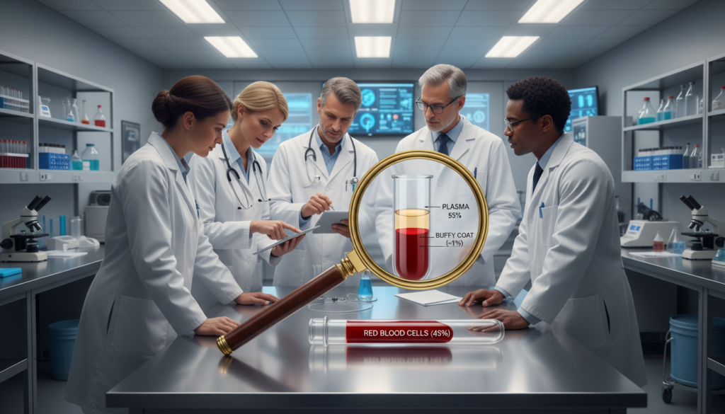 A detailed medical illustration of hematocrit testing in a professional setting. In the foreground, a diverse group of healthcare professionals in lab coats and business attire are gathered around a laboratory table, examining hematocrit test results displayed on a high-tech tablet. The middle ground features a large magnifying glass overlaid on a blood sample showing the separation of components, with clear definitions of red blood cells and plasma. In the background, a well-organized laboratory with microscopes, test tubes, and medical charts, illuminated by bright, soft overhead lighting to create a clinical yet inviting atmosphere. The focus should convey a sense of professionalism, curiosity, and reliability, effectively reflecting the subject of hematocrit testing.