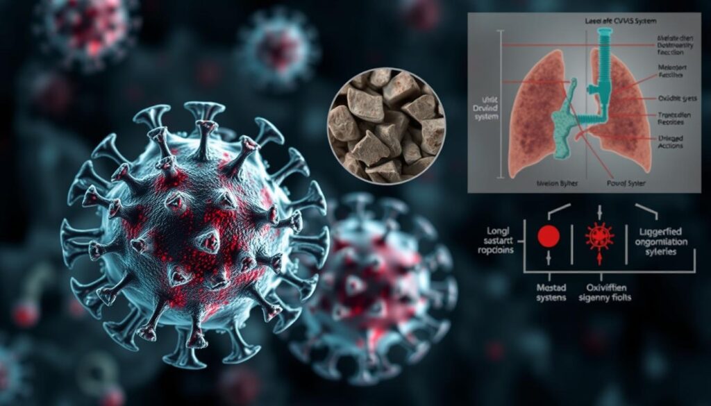 A detailed microscopic view of the intricate viral structures and cellular mechanisms that contribute to the persistent symptoms of post-COVID syndrome. In the foreground, a cluster of SARS-CoV-2 virions, their distinctive crown-like spikes protruding, surrounded by a haze of cytokines and inflammatory markers. In the middle ground, a magnified section of damaged lung tissue, with alveolar cells exhibiting signs of oxidative stress and impaired function. In the background, a schematic representation of the complex interplay between the virus, the immune system, and the various organ systems affected by the lingering effects of COVID-19. A detailed microscopic view of the intricate viral structures and cellular mechanisms that contribute to the persistent symptoms of post-COVID syndrome. In the foreground, a cluster of SARS-CoV-2 virions, their distinctive crown-like spikes protruding, surrounded by a haze of cytokines and inflammatory markers. In the middle ground, a magnified section of damaged lung tissue, with alveolar cells exhibiting signs of oxidative stress and impaired function. In the background, a schematic representation of the complex interplay between the virus, the immune system, and the various organ systems affected by the lingering effects of COVID-19.