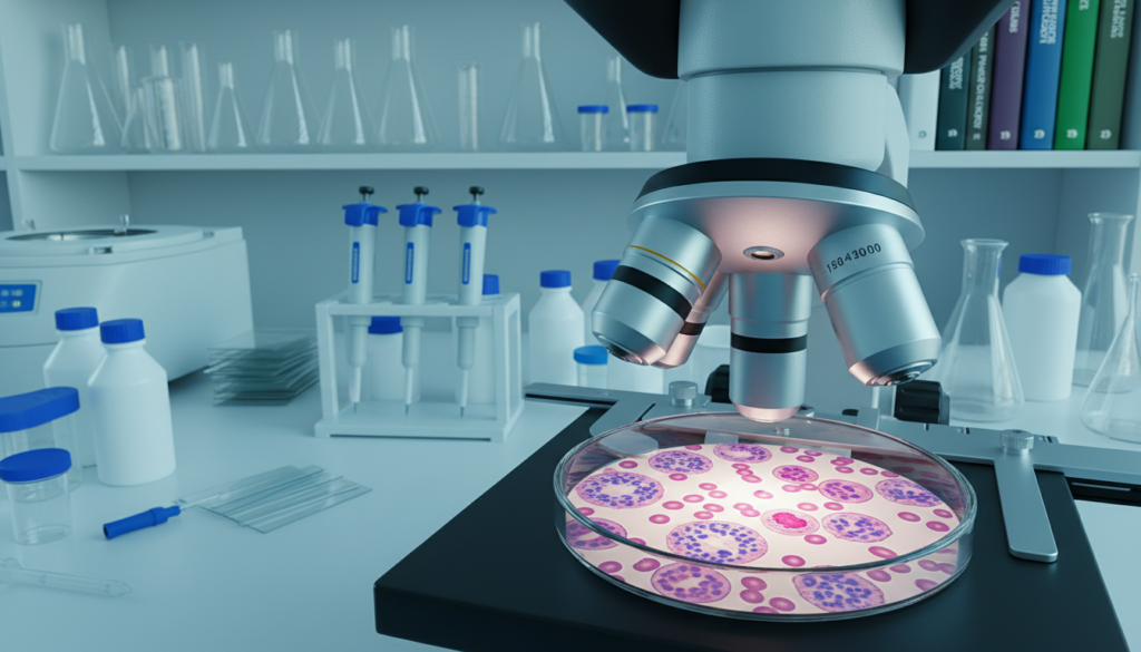 A detailed peripheral blood smear scene, showcasing a laboratory bench with a microscope in the foreground. In a petri dish, diverse blood smear results are displayed under bright, focused lighting, revealing a variety of cells: normal red and white blood cells alongside abnormal forms such as spherocytes, sickle cells, and potentially leukemic cells. The middle ground features various lab instruments, like pipettes and slides, emphasizing a scientific environment. The background shows a blurred view of laboratory shelves filled with glassware and medical textbooks, creating an atmosphere of clinical precision. A cool color palette reinforces a sterile, professional mood, highlighting clarity and detail in cell structures. Ensure there are no people present in the image. A detailed peripheral blood smear scene, showcasing a laboratory bench with a microscope in the foreground. In a petri dish, diverse blood smear results are displayed under bright, focused lighting, revealing a variety of cells: normal red and white blood cells alongside abnormal forms such as spherocytes, sickle cells, and potentially leukemic cells. The middle ground features various lab instruments, like pipettes and slides, emphasizing a scientific environment. The background shows a blurred view of laboratory shelves filled with glassware and medical textbooks, creating an atmosphere of clinical precision. A cool color palette reinforces a sterile, professional mood, highlighting clarity and detail in cell structures. Ensure there are no people present in the image.