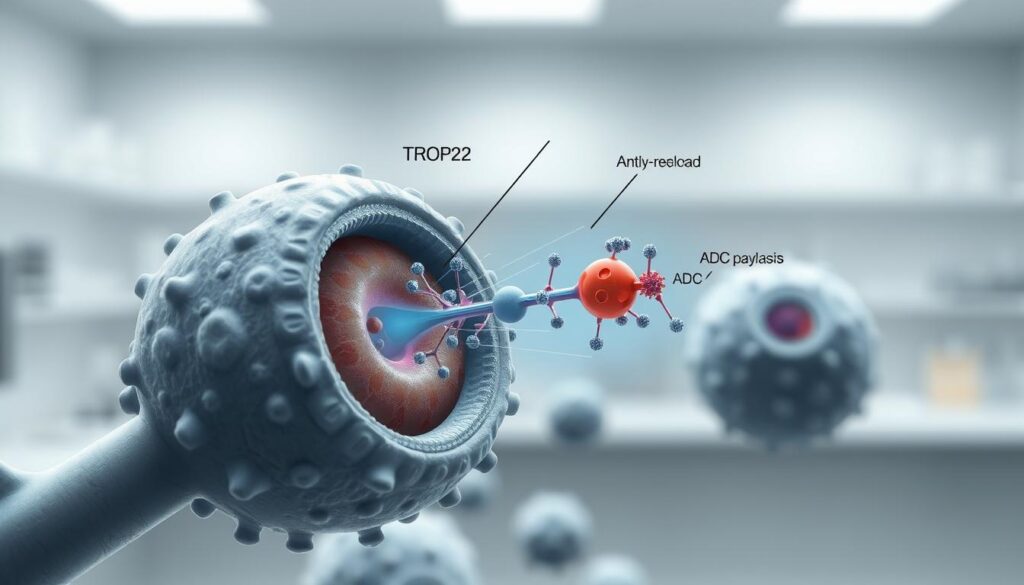 A detailed, scientifically accurate illustration of the TROP2 protein targeting cancer cells. A cross-section view shows the TROP2 receptor on the cell membrane, with Antibody-Drug Conjugate (ADC) molecules precisely bound to its surface. The ADC payload is released, penetrating the cell and inducing apoptosis. Subtle lighting emphasizes the molecular interactions, with a clean laboratory background setting the stage for this targeted cancer therapy mechanism. Rendered in a photorealistic, muted color palette to convey the clinical, investigative nature of the subject matter.